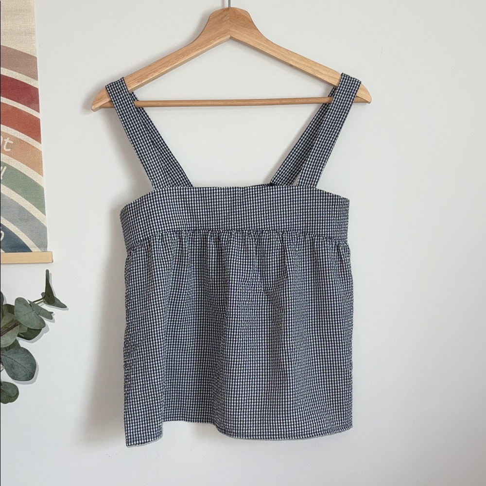 NWOT Gilli Navy & White Gingham Seersucker Square Neck Blouse in Small